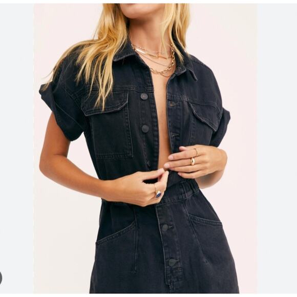Free People We The Free Marci Black Denim Jumpsuit, Size M - Picture 2 of 6